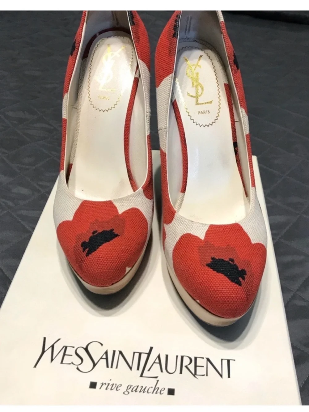 Yves Saint Laurent Red White and Black Floral Canvas Wedge Pumps